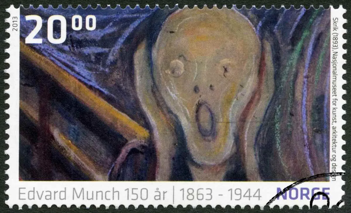Postage stamp featuring Edvard Munch’s painting “The Scream” with 150th anniversary text.