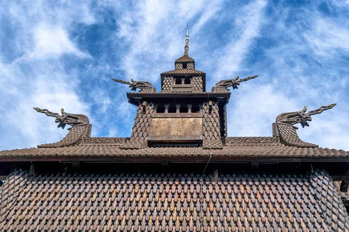 Wooden roof with dragon carvings at Fantoft Stave Church in Bergen.