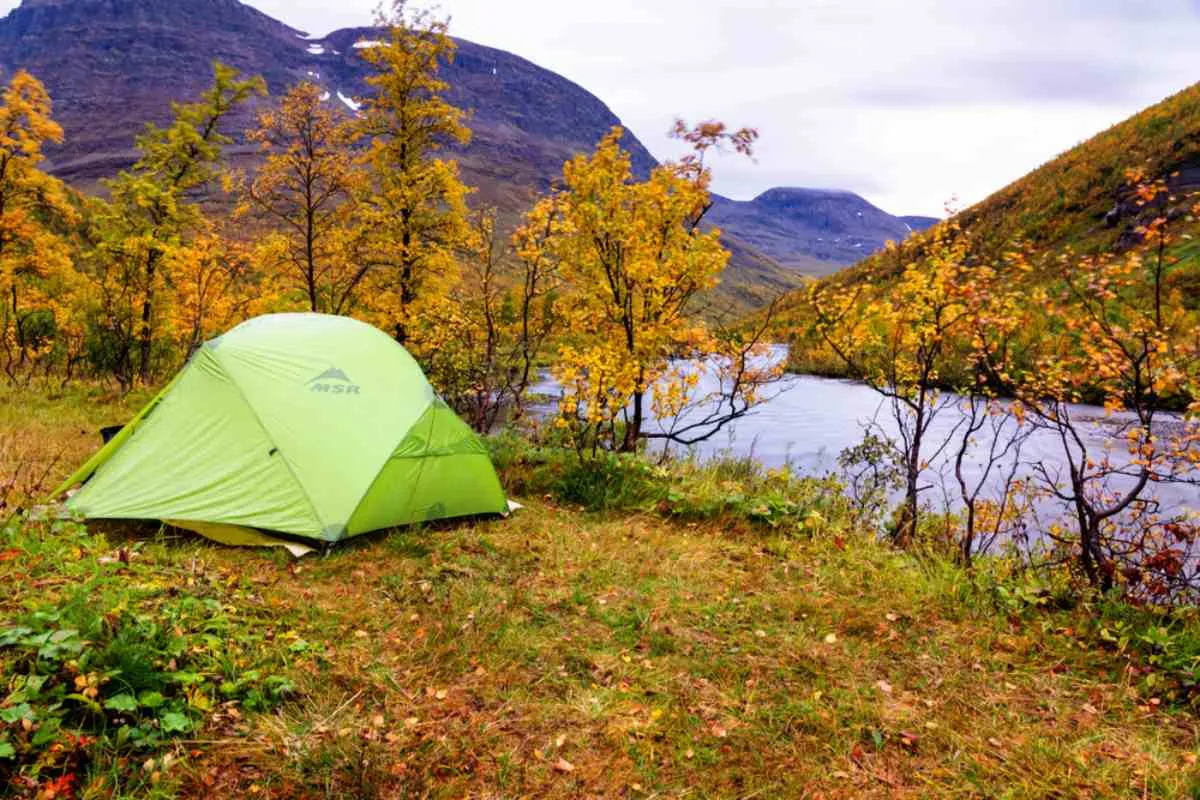 A lonely tent in a Norwegian autumn setting, with yellow, fallen leaves and overcast skies.