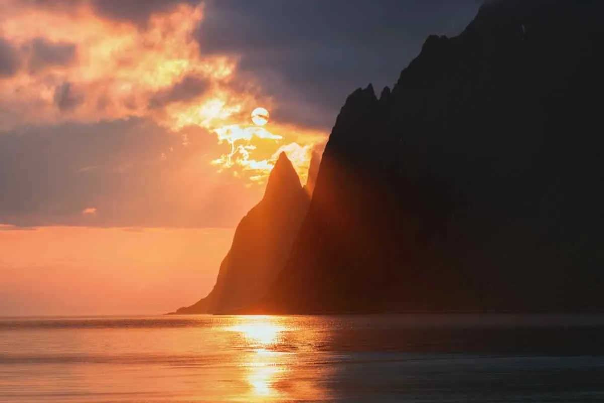 General view of a Norwegian beach during the midnight sun in the northern summer of Norway.