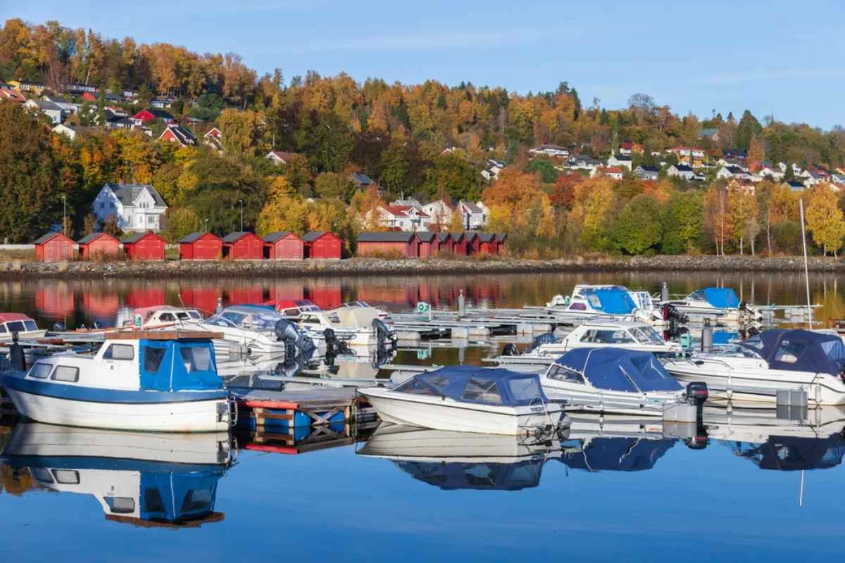 General view of a small harbor with boats moored to the wooden pier in Steinkjer, Norway with dozens of wooden houses on a green hill in the background.