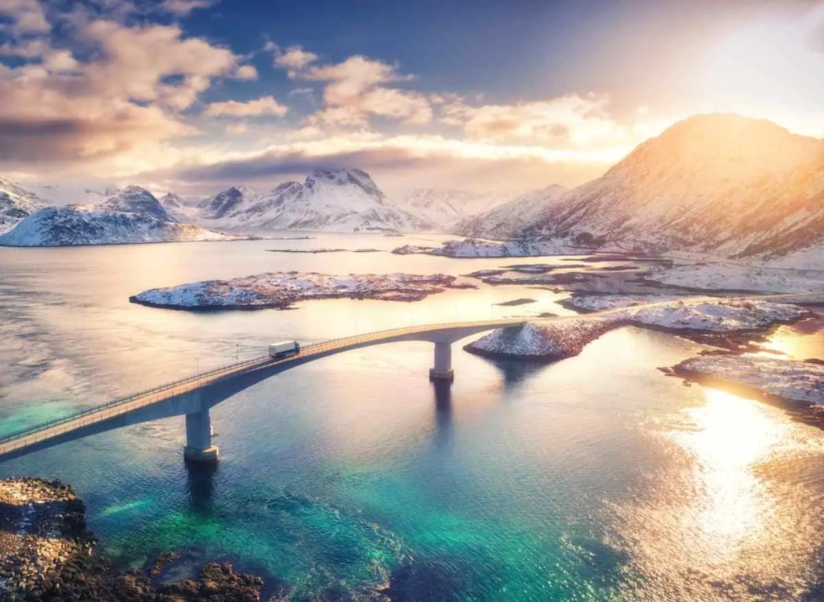Overview of the Lofoten Road in Norway during winter
