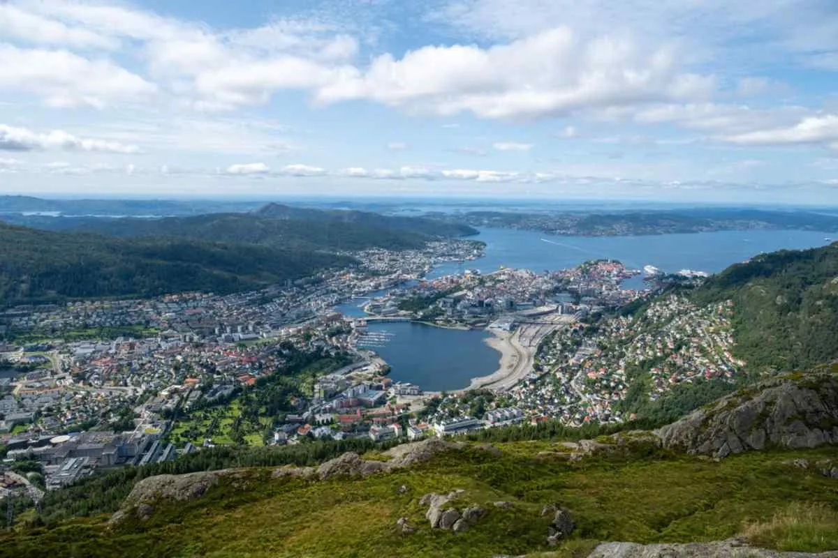 Aerial view of Bergen, Norway, on a sunny day.