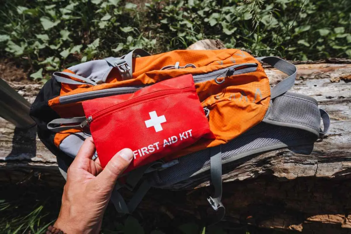 A hand holds a first aid kit in a rural setting.