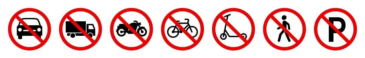 Collage of prohibition traffic signs found on Norwegian roads.