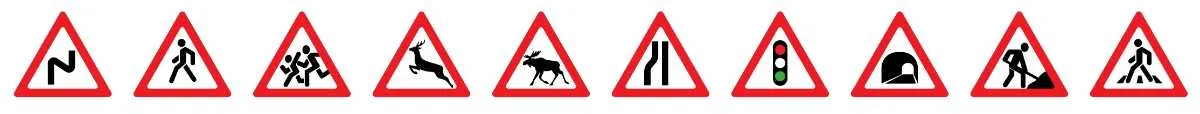 Collage of mandatory signs that can be found on Norwegian roads, triangular in shape and with a red border.
