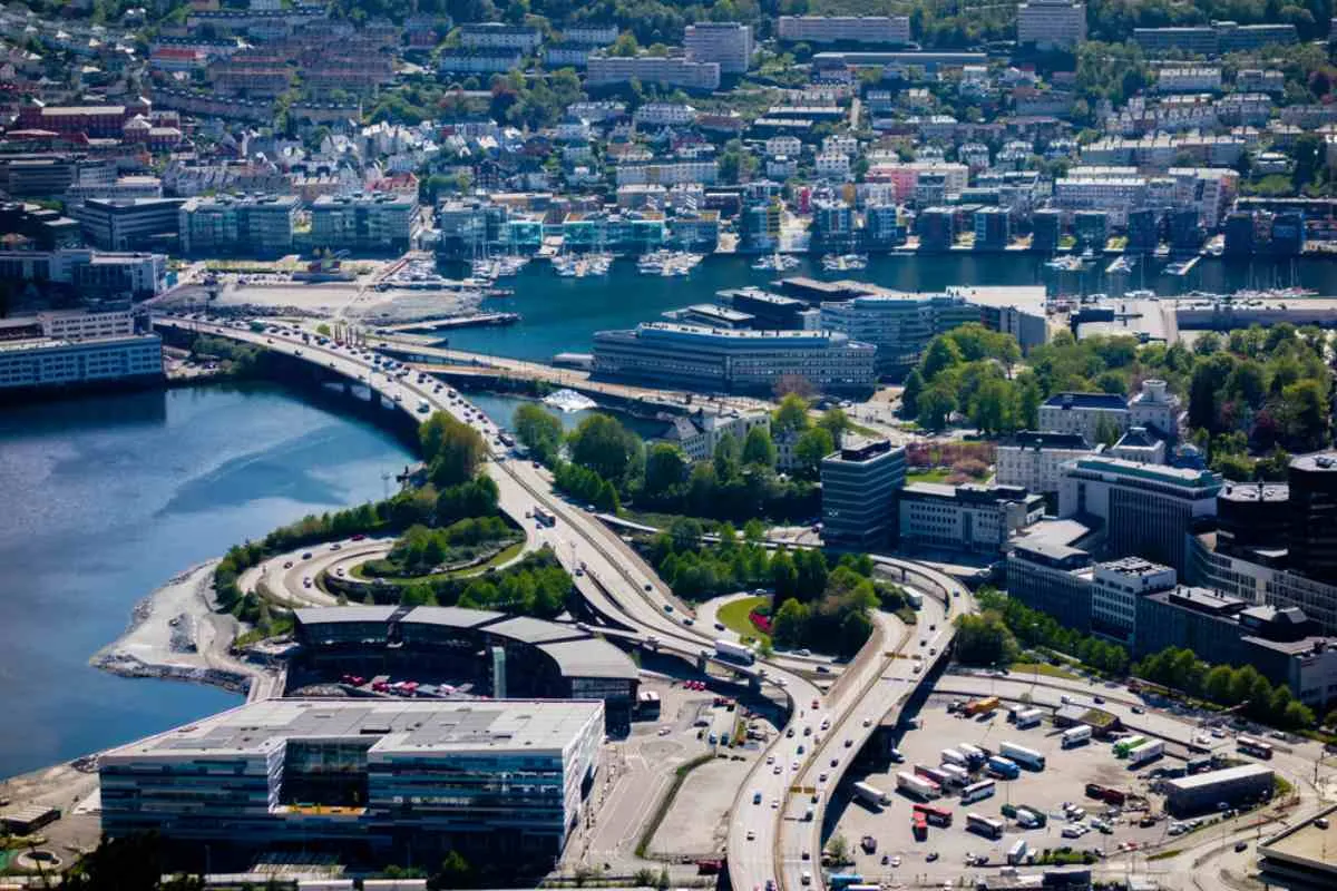 Drone view of the meeting point of two busy roads in Norway near the city of Bergen.