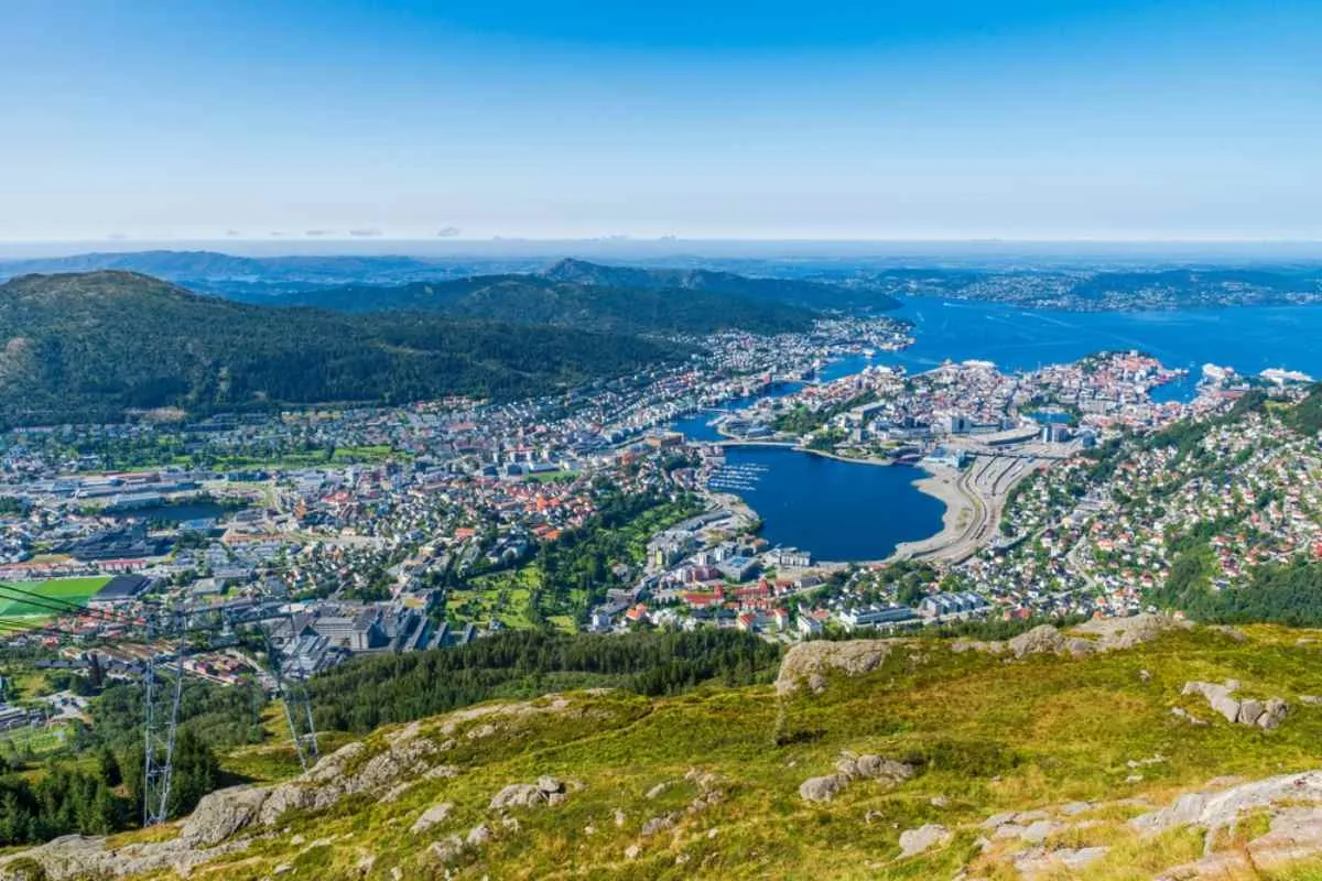 Panoramic view of Bergen from above, with the city center, harbor, surrounding hills, and coastline stretching into the distance on a clear day.