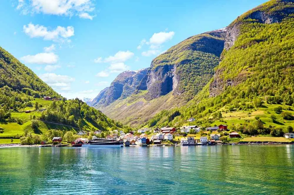 View of Flåm village beside the fjord, framed by lush mountains under a blue sky.