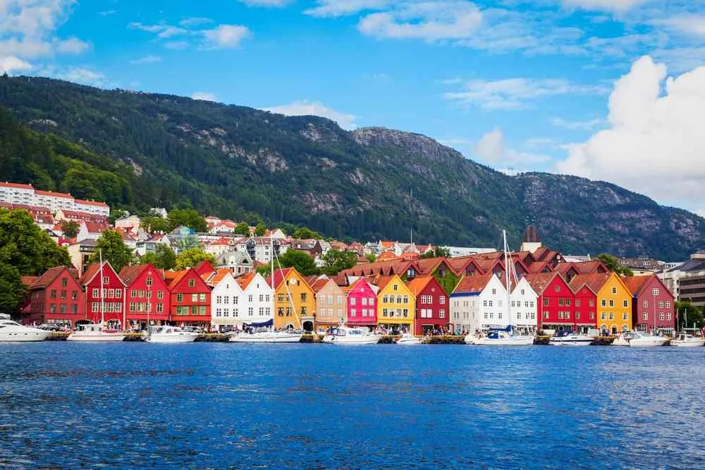 Colorful wooden houses along the Bryggen waterfront in Bergen, Norway.