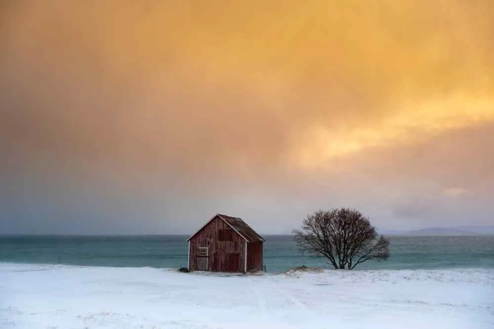 Small wooden cabin and bare tree in a snowy Norwegian landscape beneath a dramatic sky.