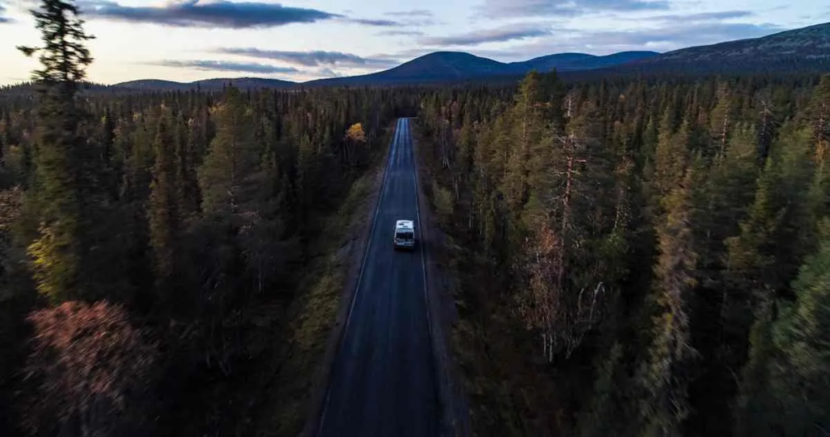 Vue aérienne d'un camping-car sur une route déserte traversant une forêt nordique dense au crépuscule.