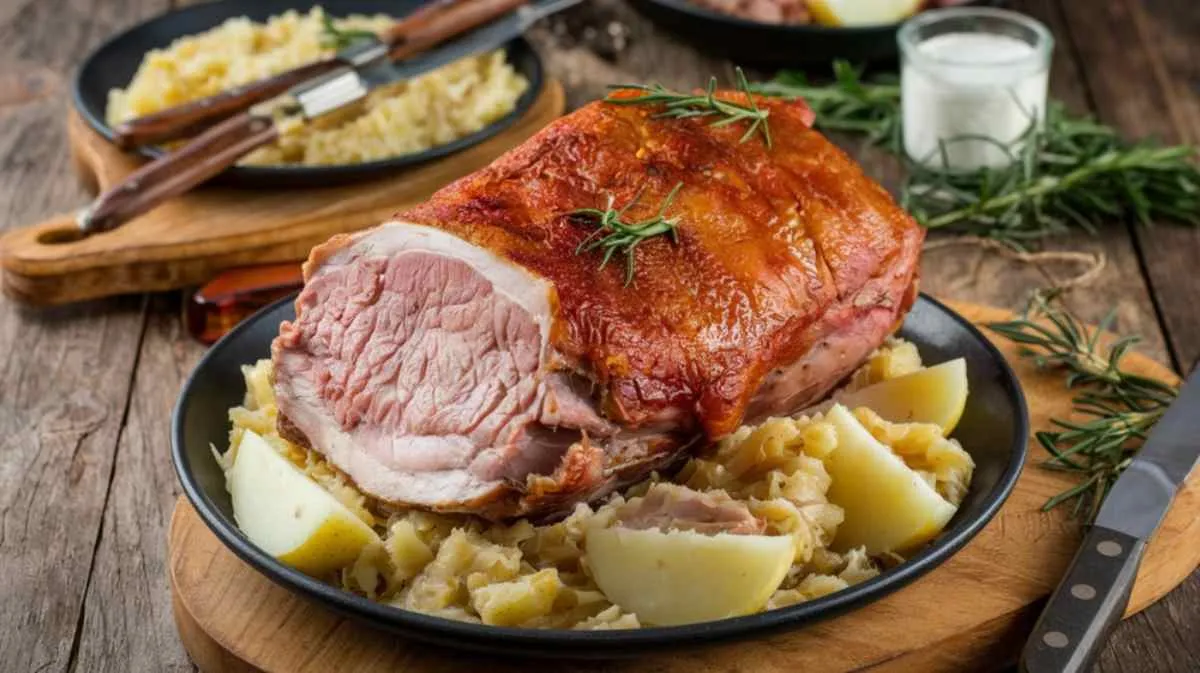 Piatto tradizionale svedese a base di maiale arrosto, patate e cavolo, servito su un rustico tavolo di legno nella contea di Värmland.