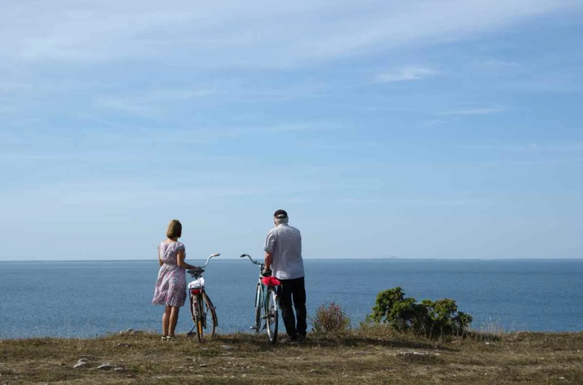 Dei ciclisti si fermano su una scogliera in riva al mare lungo il percorso ciclabile Ölandsleden.
