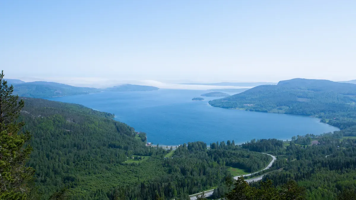 Vista panoramica della Costa Alta in Svezia, con foreste verdissime e acque blu che si estendono fino all’orizzonte.