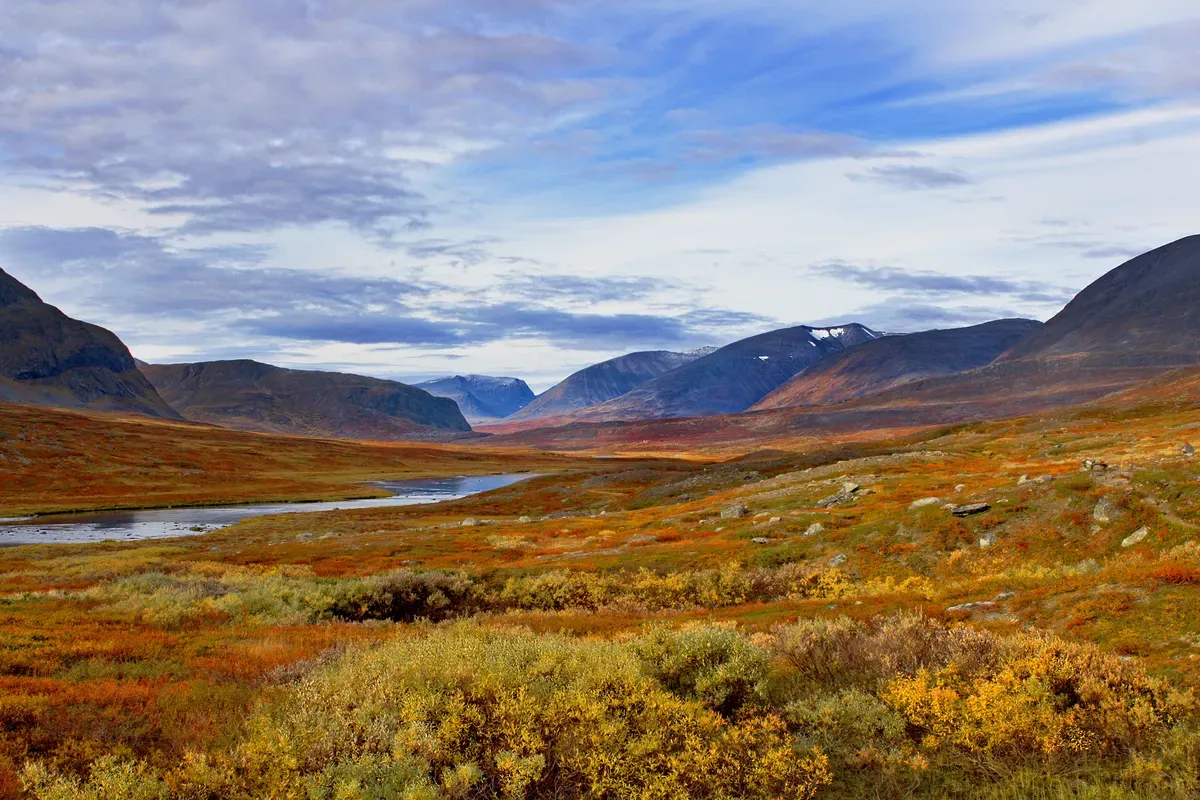 Panorama mozzafiato sul sentiero Kungsleden, con montagne imponenti e una vegetazione rigogliosa