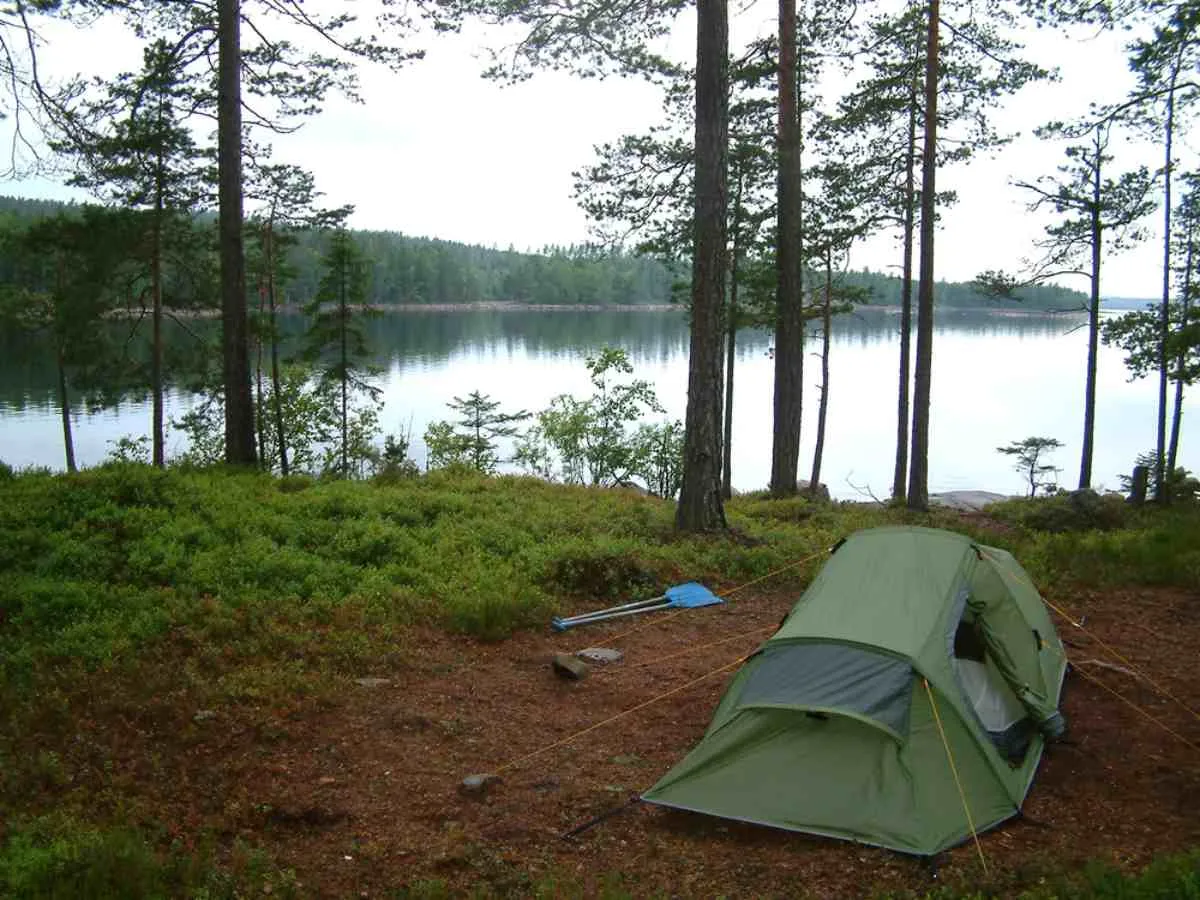Una tenda appare spiegata in una foresta svedese vicino a un lago.