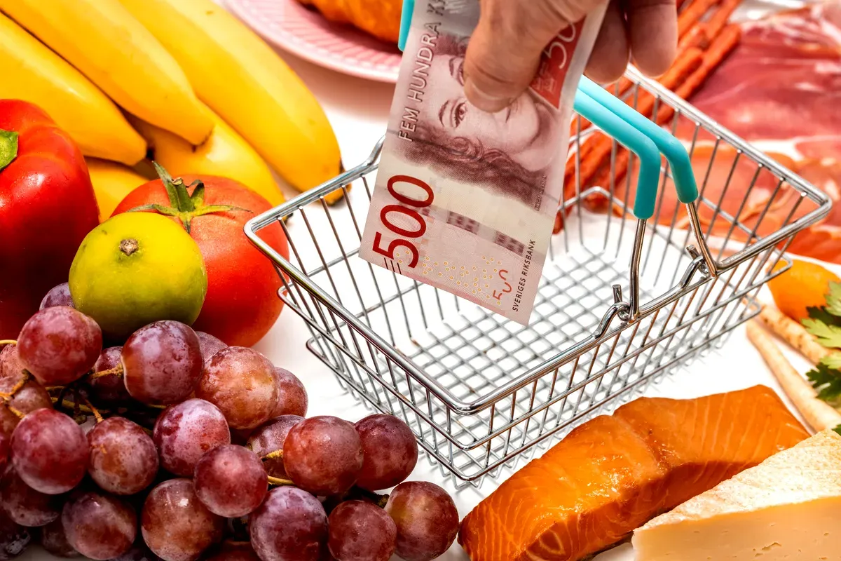 Une main dépose un billet de 500 SEK dans un petit panier de courses rempli de fruits frais, de légumes et de saumon, symbolisant le coût de la vie en Suède.