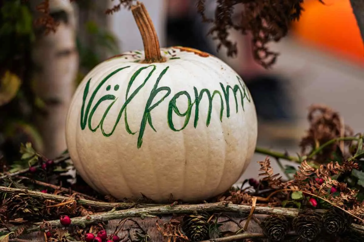 Calabaza con palabras en sueco escritas encima