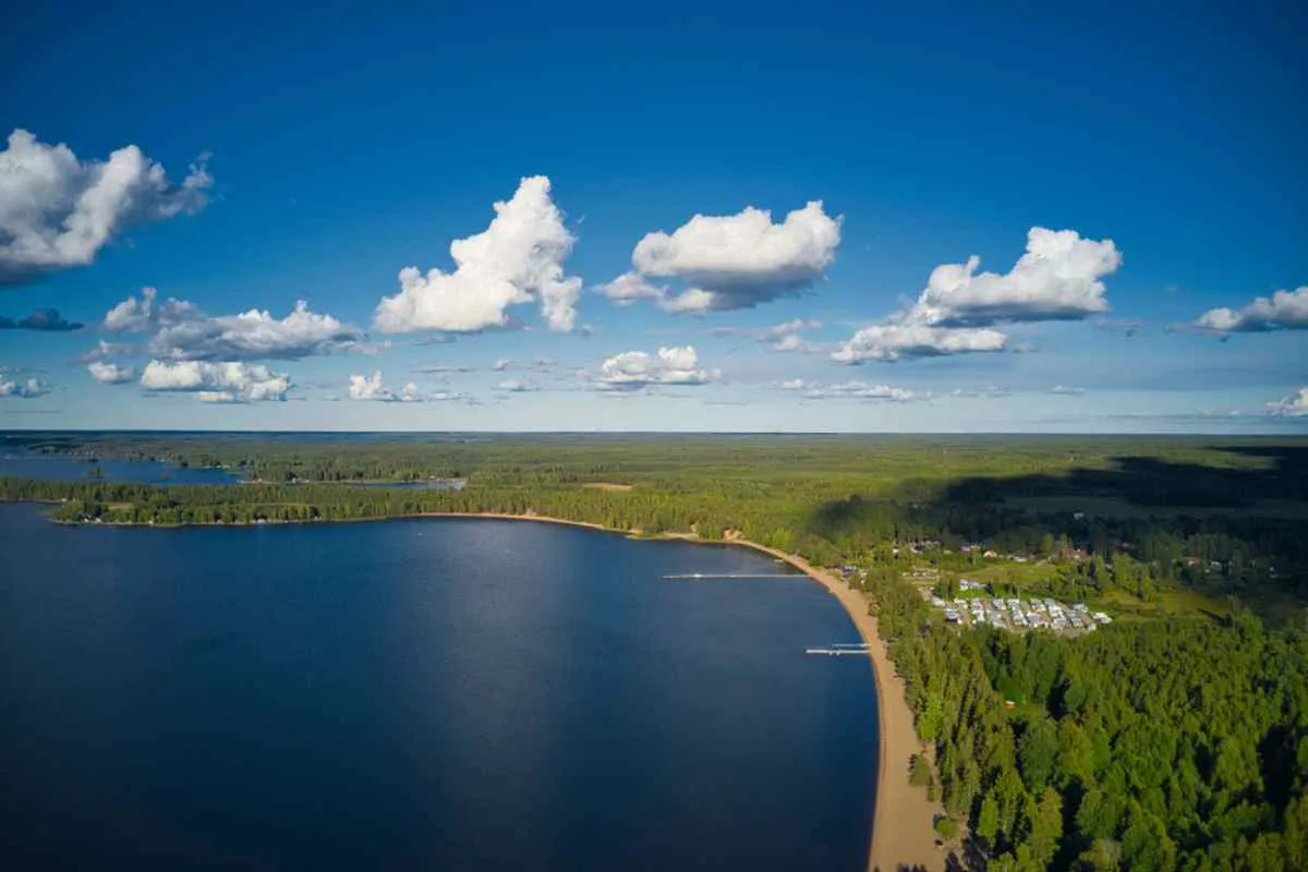 Vue aérienne d'un grand lac avec une plage de sable, entouré d'une myriade de grands arbres, par une belle journée ensoleillée.