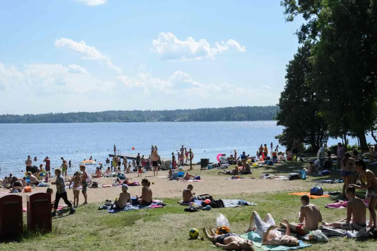 Familias relajándose y tomando el sol en una popular playa junto a un lago cerca de Estocolmo durante el verano
