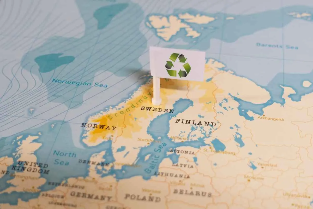 Carte de la Scandinavie sur laquelle un drapeau représentant le recyclage est épinglé sur la Suède, symbolisant les road trips durables et les excursions respectueuses de l'environnement au départ de Stockholm.
