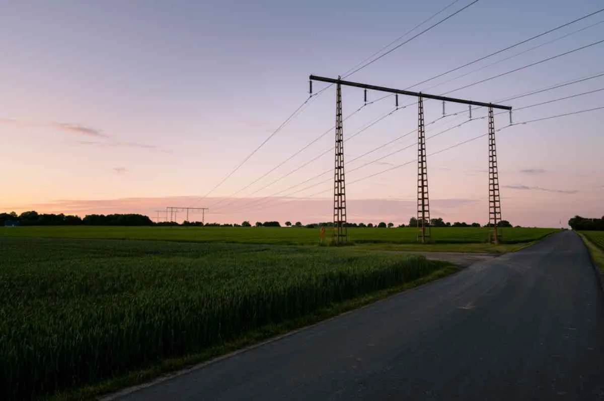 Une route de campagne toute droite longeant des champs verdoyants et de hautes lignes électriques au coucher du soleil en Scanie, dans le sud de la Suède, idéale pour une conduite tranquille et panoramique.