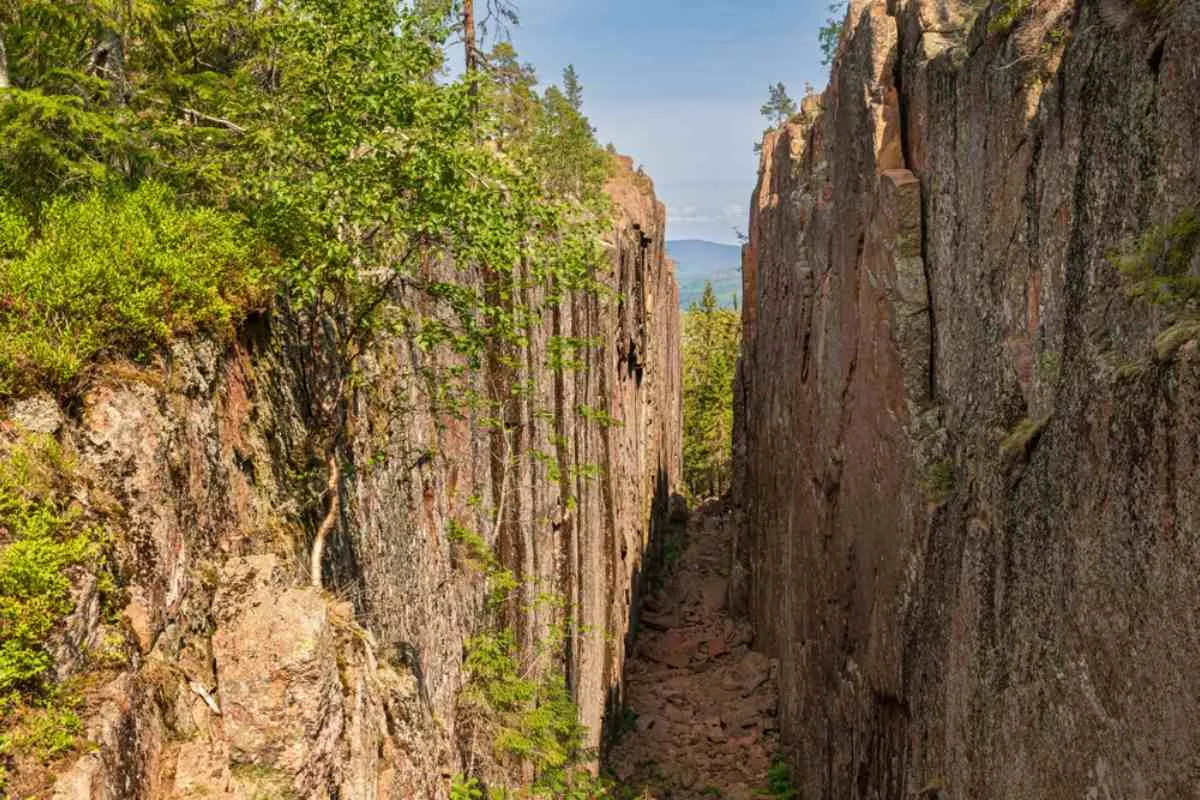 El estrecho desfiladero rocoso de Slåttdalsskrevan, en el Parque Nacional de Skuleskogen, con acantilados escarpados, rocas y un bosque frondoso en la Costa Alta de Suecia.