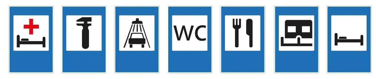 Collage aus Verkehrsschildern in quadratischer Form mit blauem Hintergrund und weißen Symbolen.