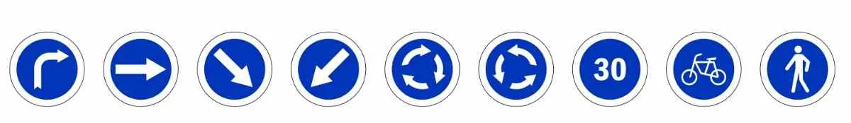 Verkehrszeichen in Norwegen mit ihrer charakteristischen runden Form, der blauen Hintergrundfarbe und den weißen Symbolen.