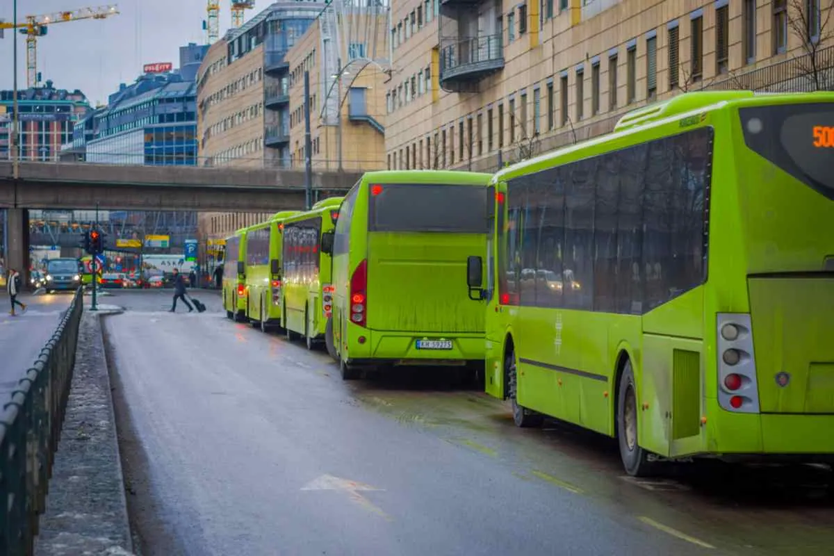 En gruppe grønne busser på en gate i Oslo står på rekke og rad mens de venter på at en forbipasserende i det fjerne skal krysse et fotgjengerfelt.