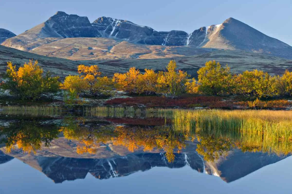Cartolina dal parco nazionale norvegese di Rondane che mostra le montagne blu sullo sfondo in contrasto con i colori autunnali degli alberi che si riflettono nell’acqua davanti a loro.