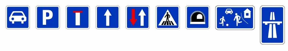 Collage aus informativen Verkehrsschildern in quadratischer Form mit blauem Hintergrund und weißen Symbolen.